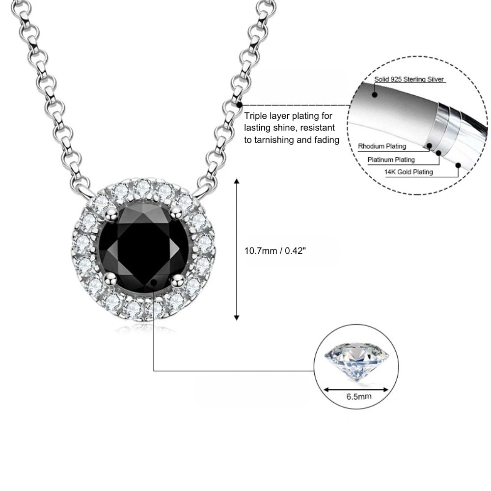 Black moissanite halo pendant necklace size diagram showing 10.7mm 0.42 inch total diameter and 6.5mm center stone with sterling silver triple-layer white gold plating details.