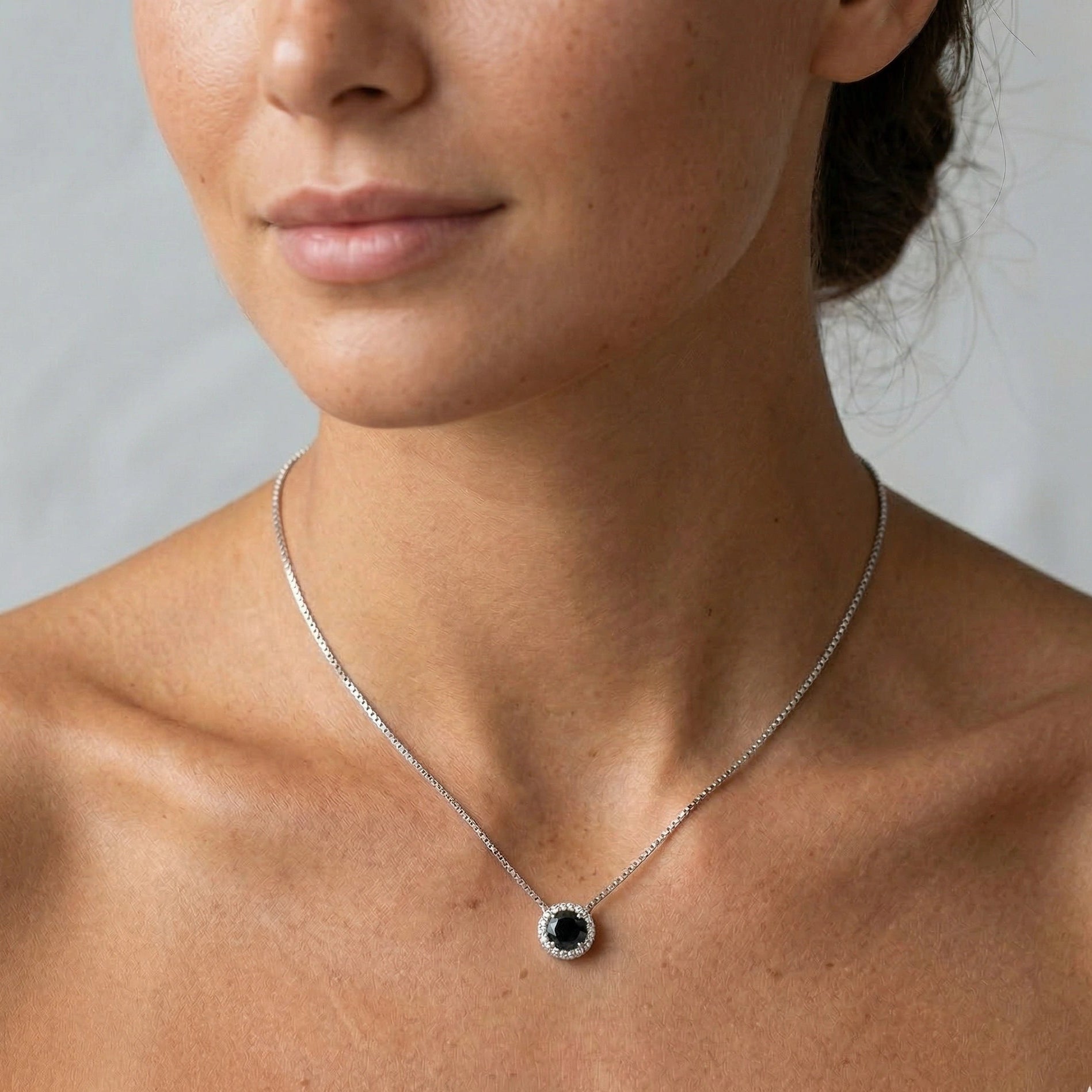 Black moissanite halo pendant necklace 925 sterling silver white gold plated on model - Sensitive Stones