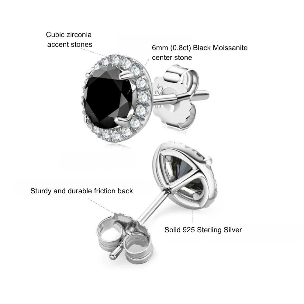 Black moissanite halo stud earrings features diagram showing 6mm 0.8ct black center stone, white cubic zirconia halo, solid 925 sterling silver setting, and sturdy friction backs - Sensitive Stones