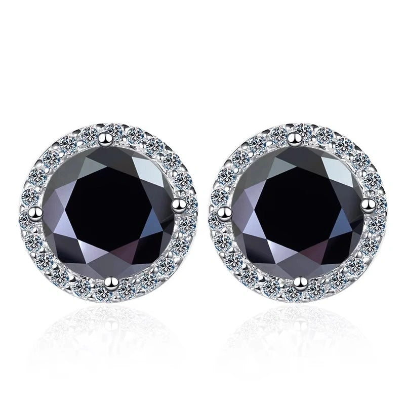 Black moissanite halo stud earrings in 925 sterling silver on white background - Sensitive Stones