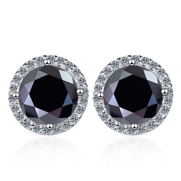 Black moissanite halo stud earrings in 925 sterling silver on white background - Sensitive Stones