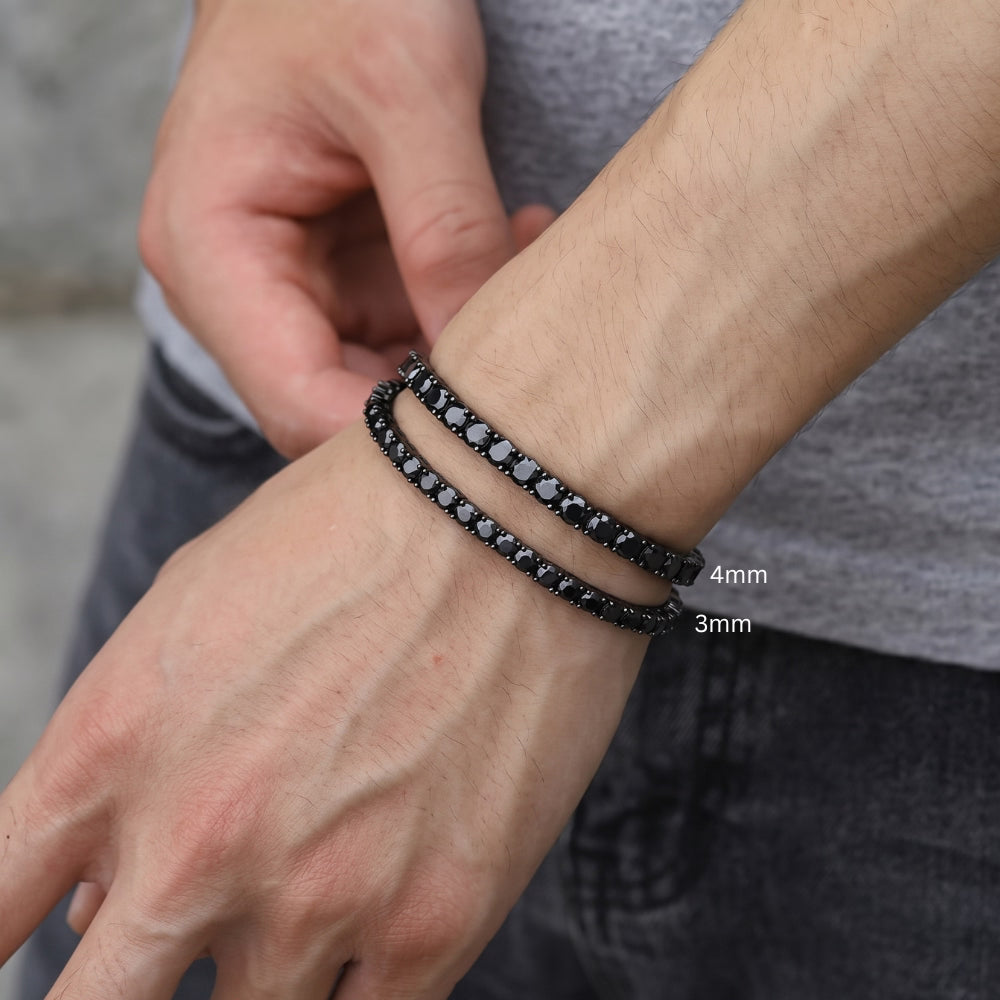 4mm and 3mm black moissanite tennis bracelets stacked on mens wrist, black gold plated sterling silver bracelet set - Sensitive Stones