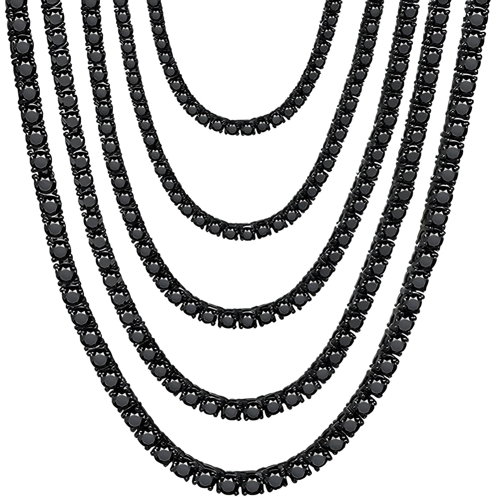 Five black moissanite tennis chain necklaces set in 925 sterling silver finished with black gold plating of varying lengths arranged in a cascading V-shape on a white background - Sensitive Stones