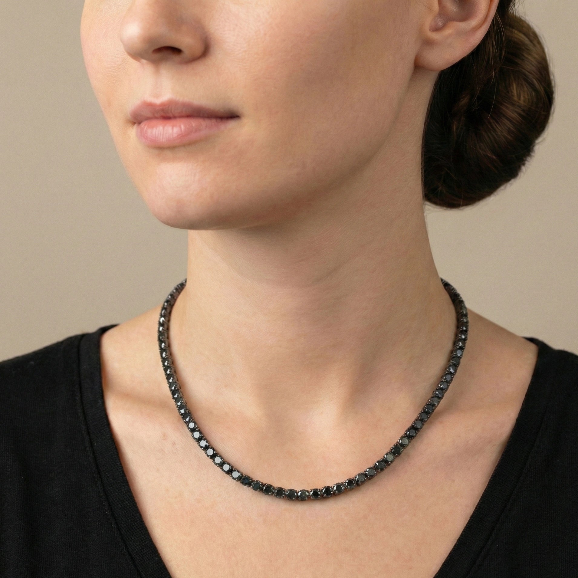 3mm black moissanite tennis necklace in sterling silver, 16 inch length on model wearing black top - Sensitive Stones