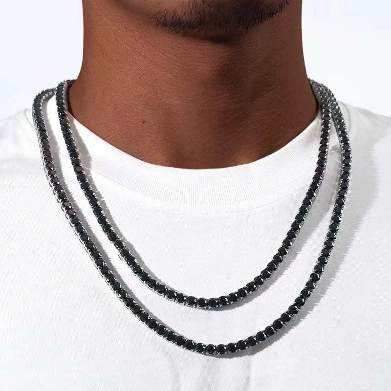 Size comparison of 3mm and 4mm black moissanite tennis necklaces in white gold plating worn on model - Sensitive Stones