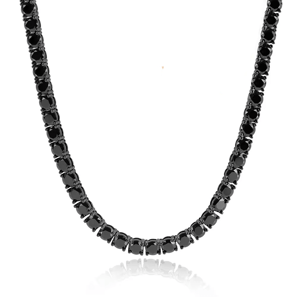 Elegant black moissanite tennis necklace with black gold plating and reflective display - Sensitive Stones