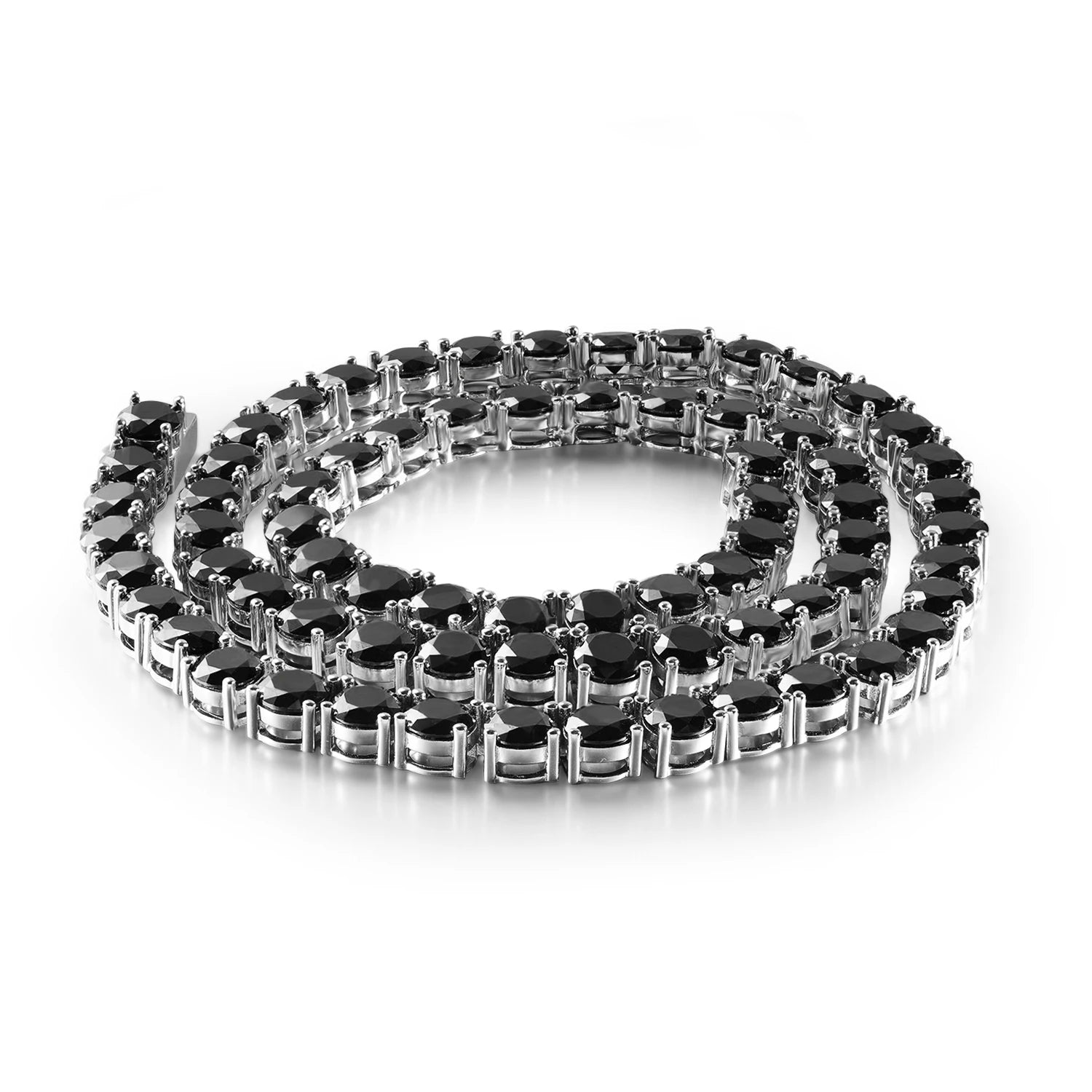 Black moissanite tennis necklace with white gold finish coiled to show continuous stone setting and craftsmanship - Sensitive Stones