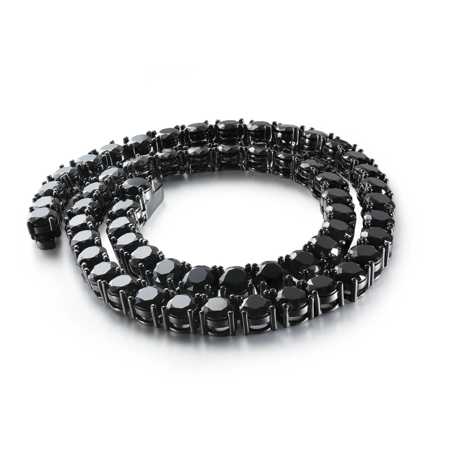Black moissanite tennis necklace with black gold finish coiled to show continuous stone setting and craftsmanship - Sensitive Stones