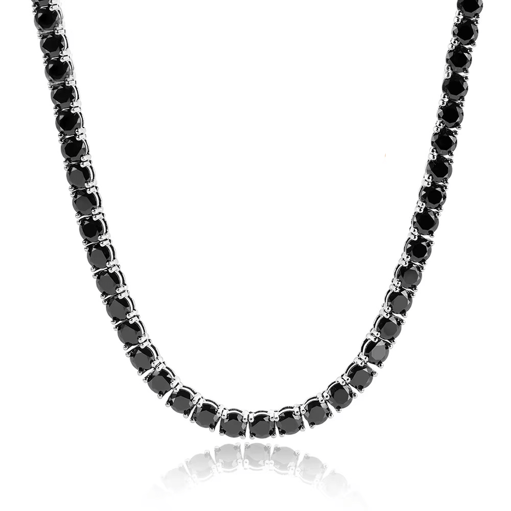 Elegant black moissanite tennis necklace with black gold plating and reflective display - Sensitive Stones