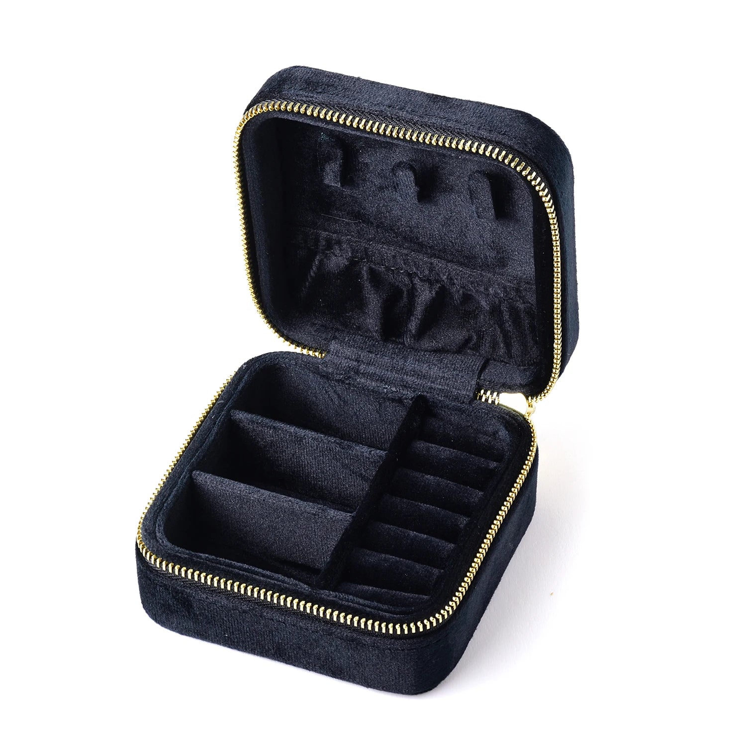 Black velvet travel jewelry box open showing necklace hooks and ring compartments - Sensitive Stones