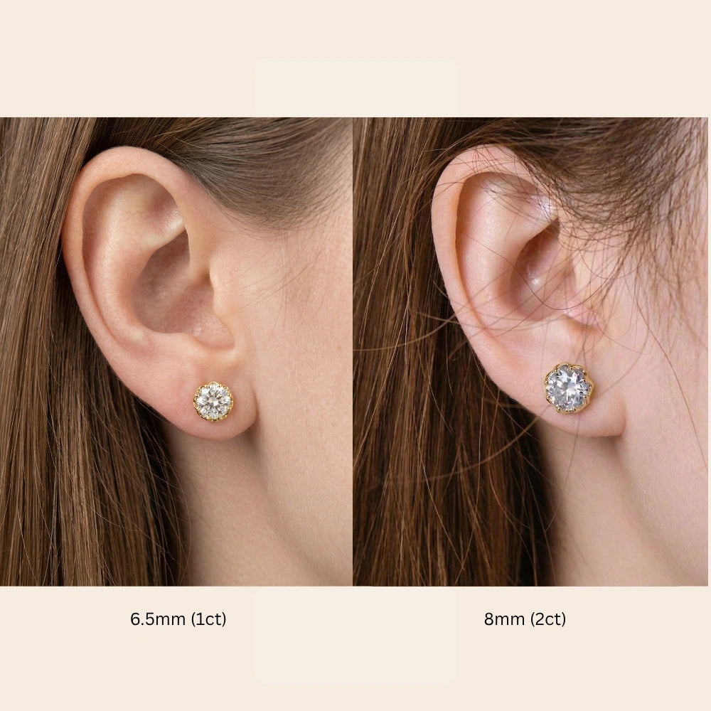 Side by side ear photo showing Blossom Moissanite flower stud earrings in 18K gold plated 925 sterling silver, comparing 6.5mm 1 carat stud on left ear with larger 8mm 2 carat stud on right ear for size reference - Sensitive Stones