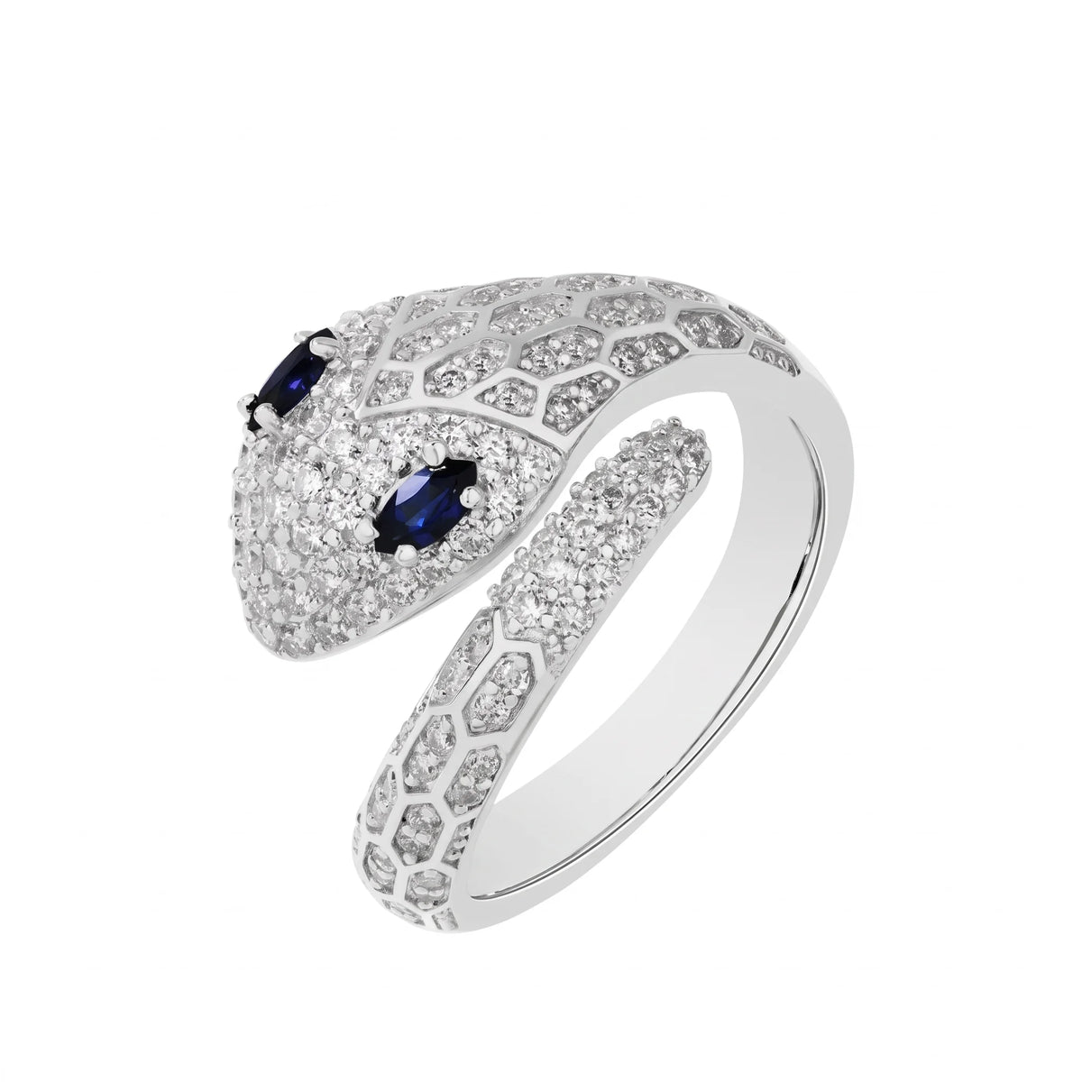 Blue-eyed moissanite snake ring in 925 sterling silver with a white gold finish, pavé moissanite and blue lab-created stone eyes, on a white background - Sensitive Stones