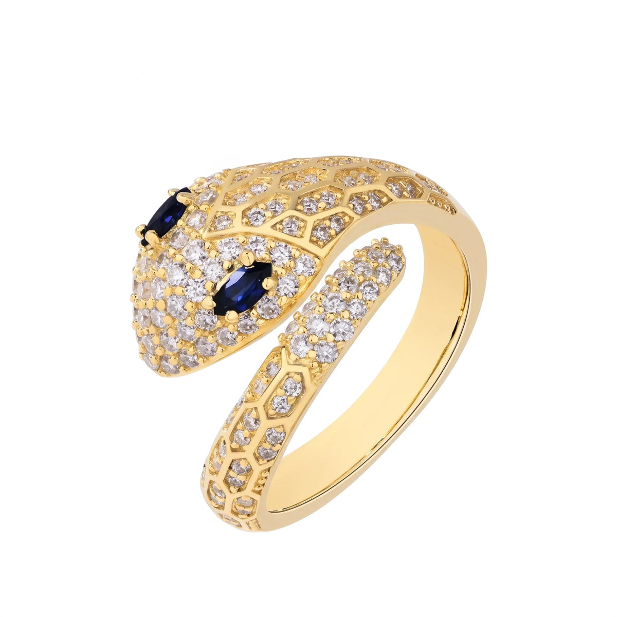 Blue-eyed moissanite snake ring in 925 sterling silver with a yellow gold finish, pavé moissanite and blue lab-created stone eyes, on a white background - Sensitive Stones