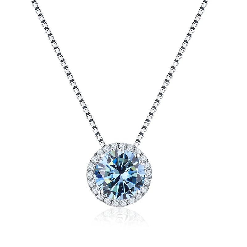 Blue moissanite halo pendant necklace 925 sterling silver white gold plated - Sensitive Stones