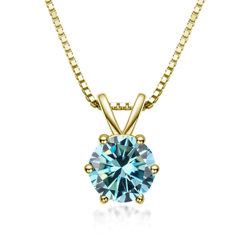 Sea blue moissanite solitaire pendant necklace 925 sterling silver 18K yellow gold plated 6 prong - Sensitive Stones