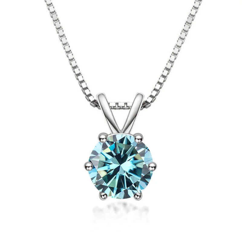 Sea blue moissanite solitaire pendant necklace 925 sterling silver 18K white gold plated 6 prong - Sensitive Stones