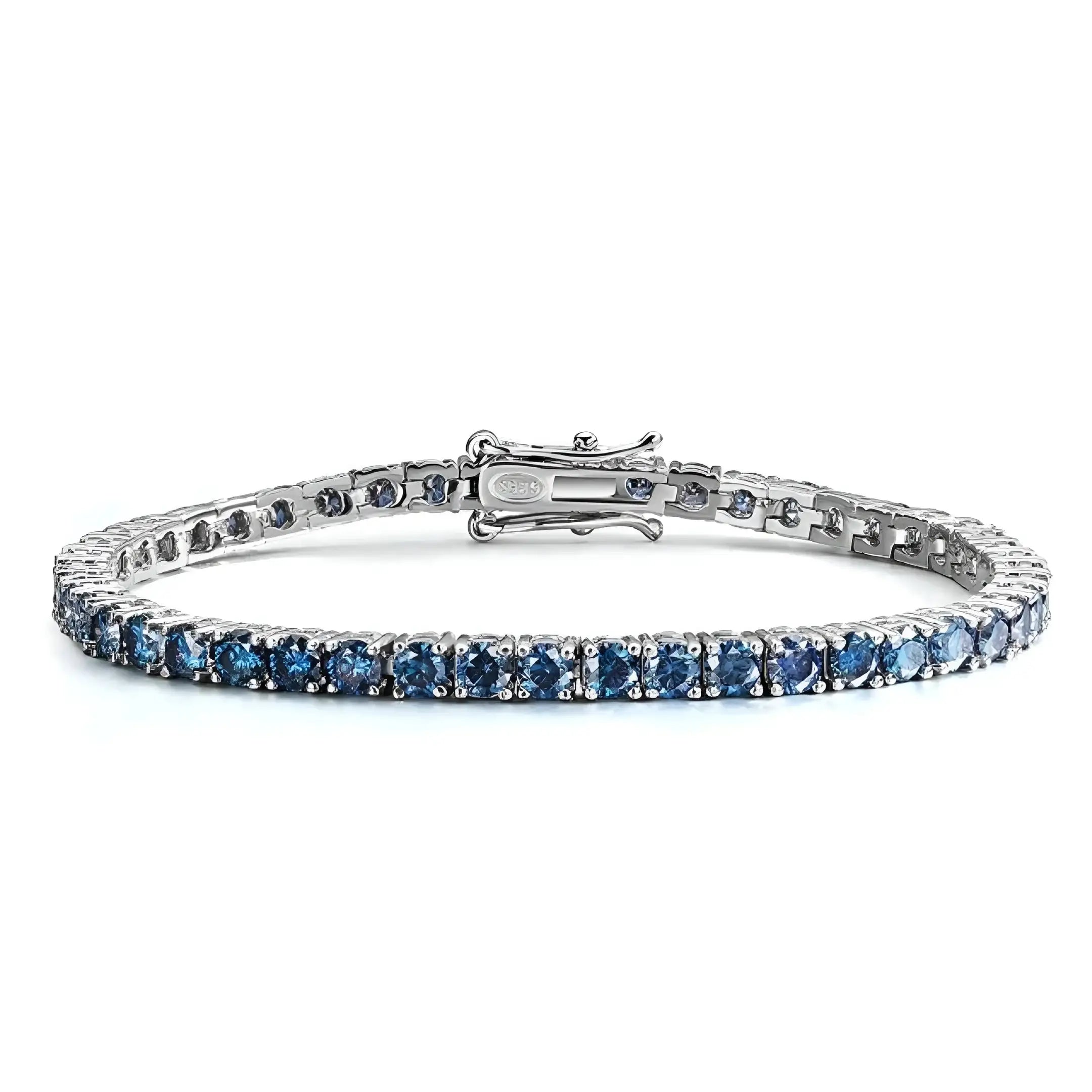Blue moissanite tennis bracelet 4mm round-cut stones in 925 sterling silver 4-prong setting – Sensitive Stones