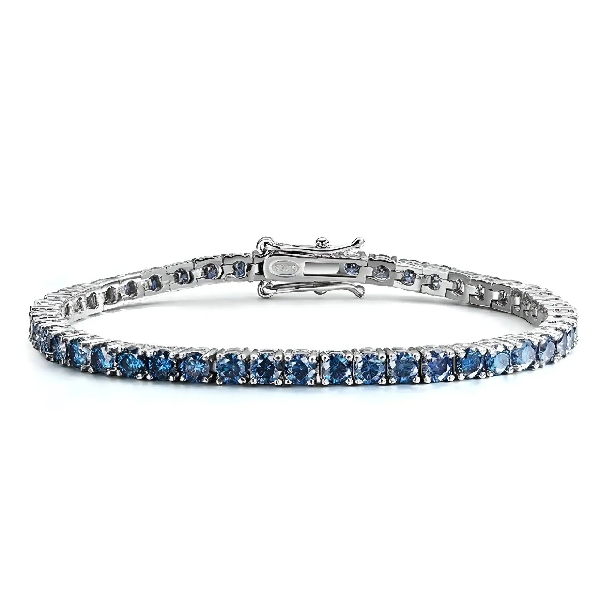 Blue moissanite tennis bracelet 4mm round-cut stones in 925 sterling silver 4-prong setting – Sensitive Stones