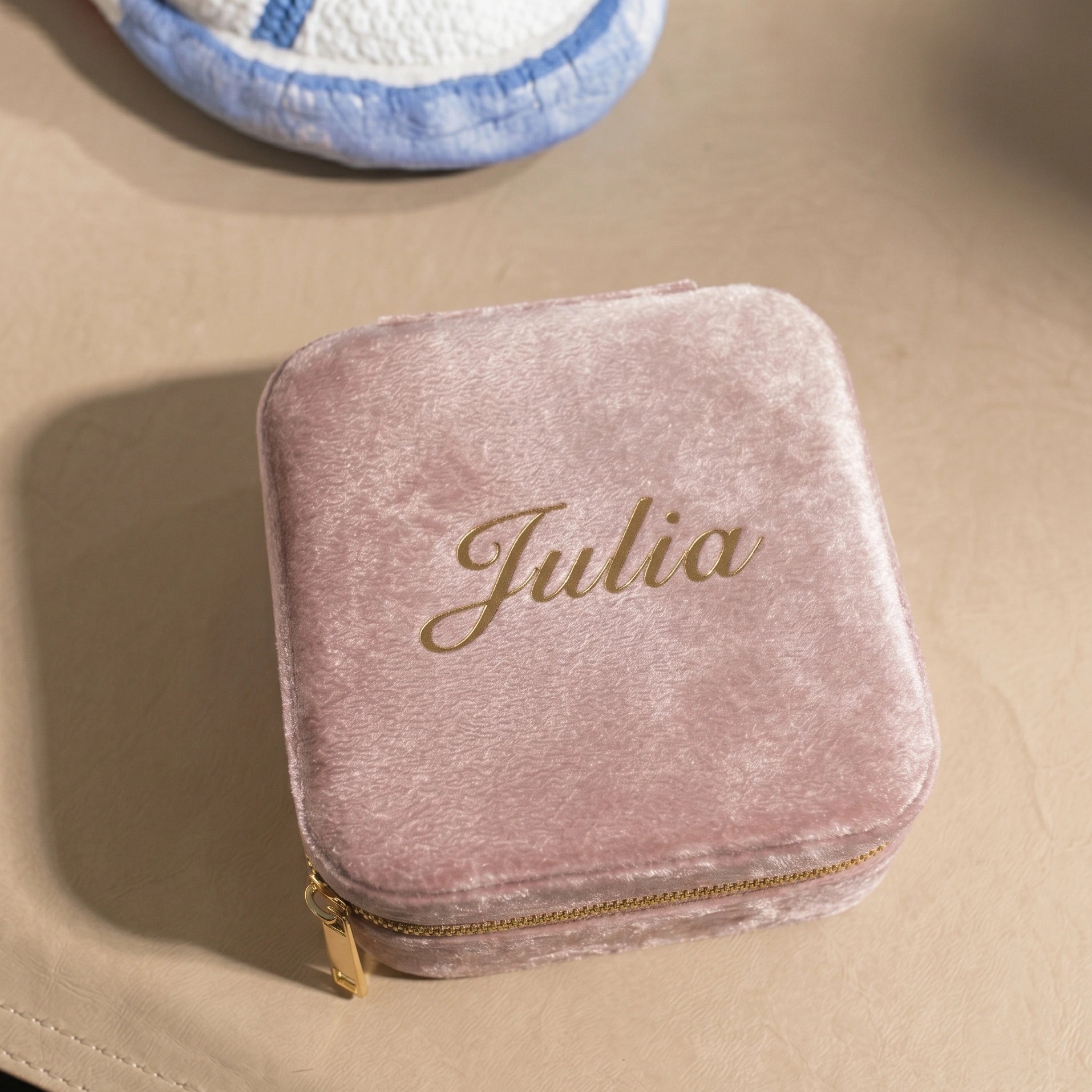 Blush pink personalized velvet travel jewelry box with gold engraved name Julia - Sensitive Stones