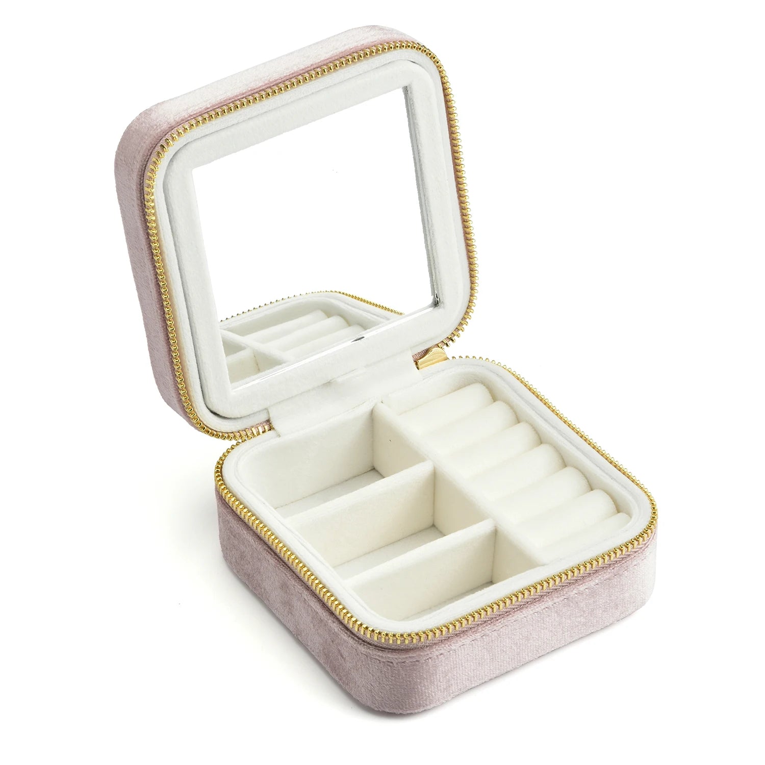 Blush pink velvet travel jewelry box open showing ring rolls and earring compartments with built-in mirror - Sensitive Stones