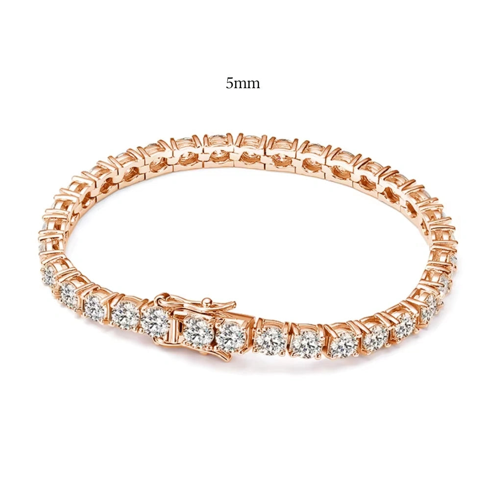 5mm bold moissanite tennis bracelet in 18K rose gold with box clasp, claw set round D Color VVS1 stones - Sensitive Stones