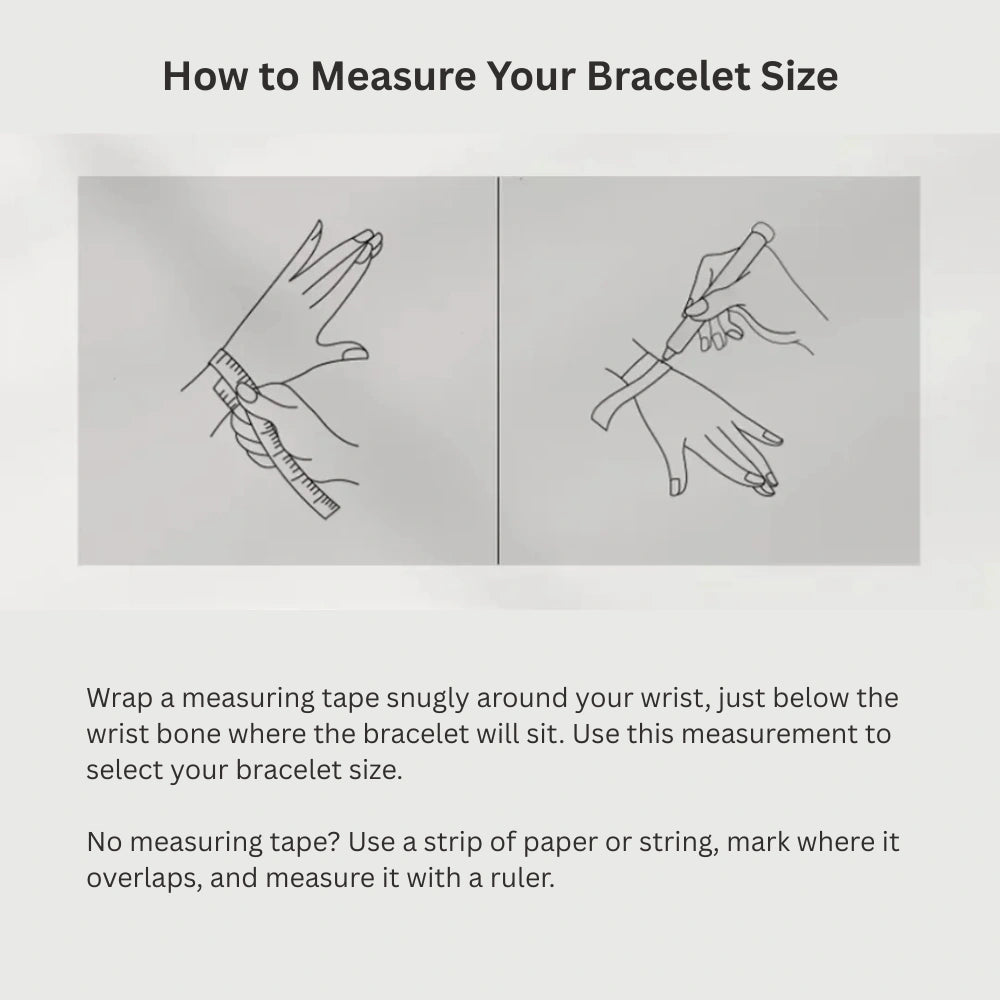 Illustration showing how to measure wrist size for a bracelet using a measuring tape and string method - Sensitive Stones