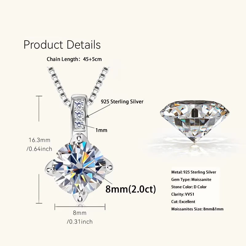 Celeste pavé moissanite solitaire necklace product specs showing 8mm 2ct stone dimensions and 925 sterling silver details - Sensitive Stones