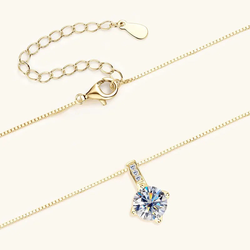 Celeste pavé moissanite solitaire necklace gold box chain with lobster clasp and adjustable extender detail flat lay - Sensitive Stones