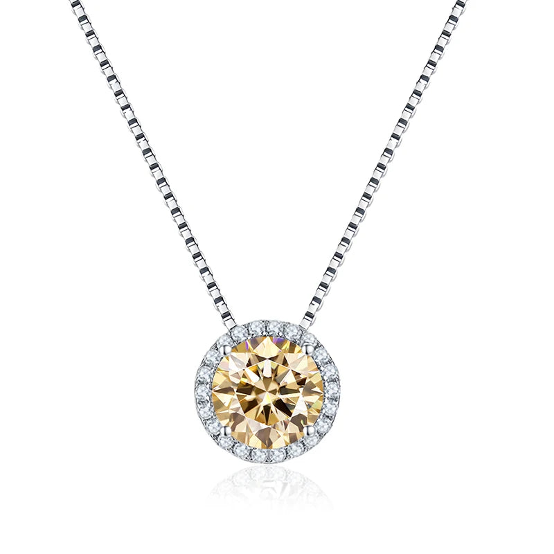 Champagne moissanite halo pendant necklace 925 sterling silver white gold plated - Sensitive Stones