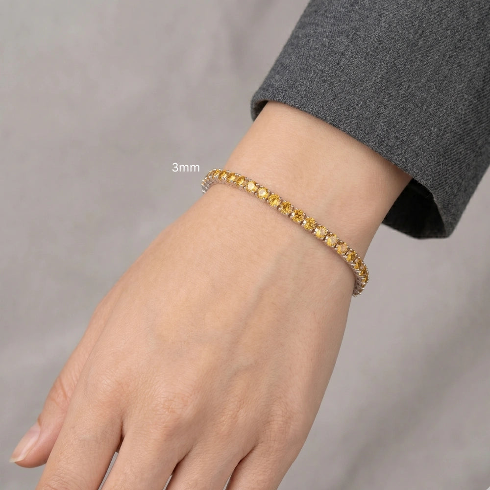 3mm citrine yellow moissanite tennis bracelet worn on female wrist showing delicate everyday fit -Sensitive Stones