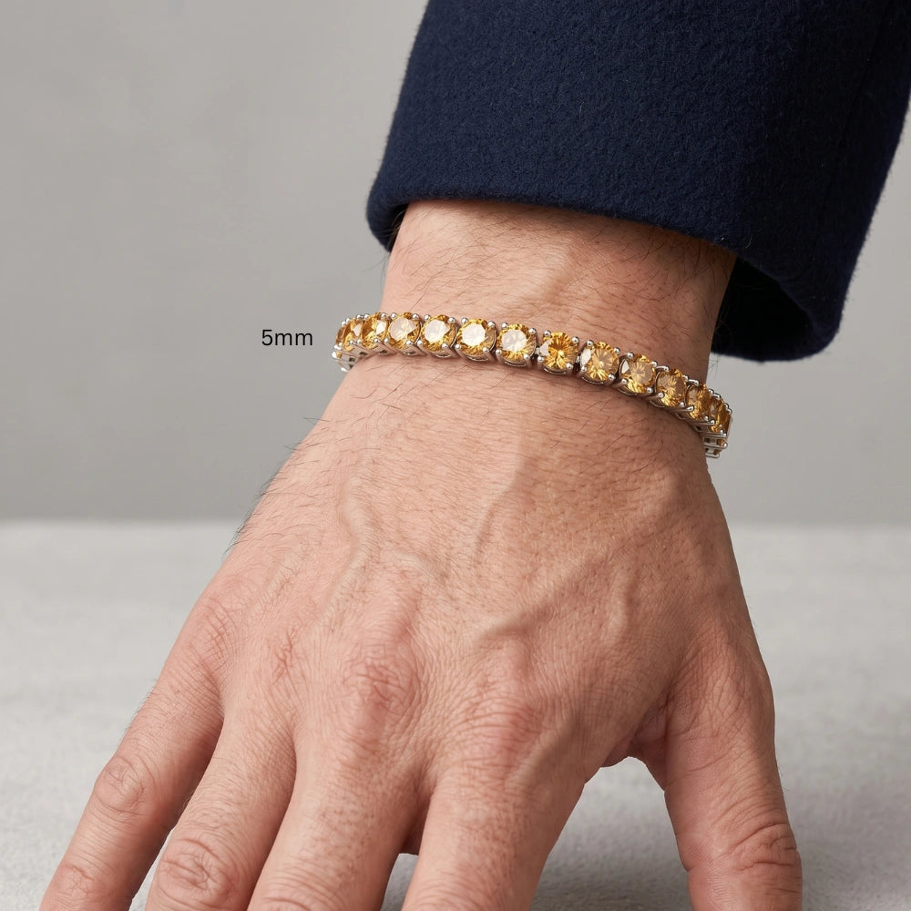 5mm citrine yellow moissanite tennis bracelet worn on male wrist showing unisex fit - Sensitive Stones