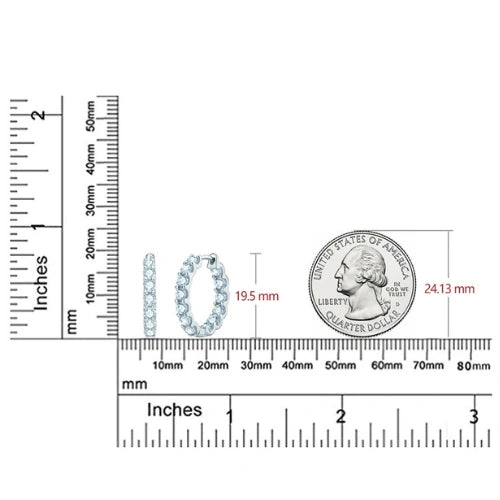 2.6ct classic moissanite hoop earrings size comparison showing 19.5mm diameter next to US quarter - Sensitive Stones