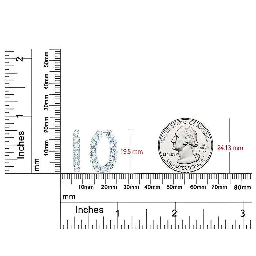 Classic moissanite hoop earrings size comparison showing 19.5mm diameter next to US quarter - Sensitive Stones