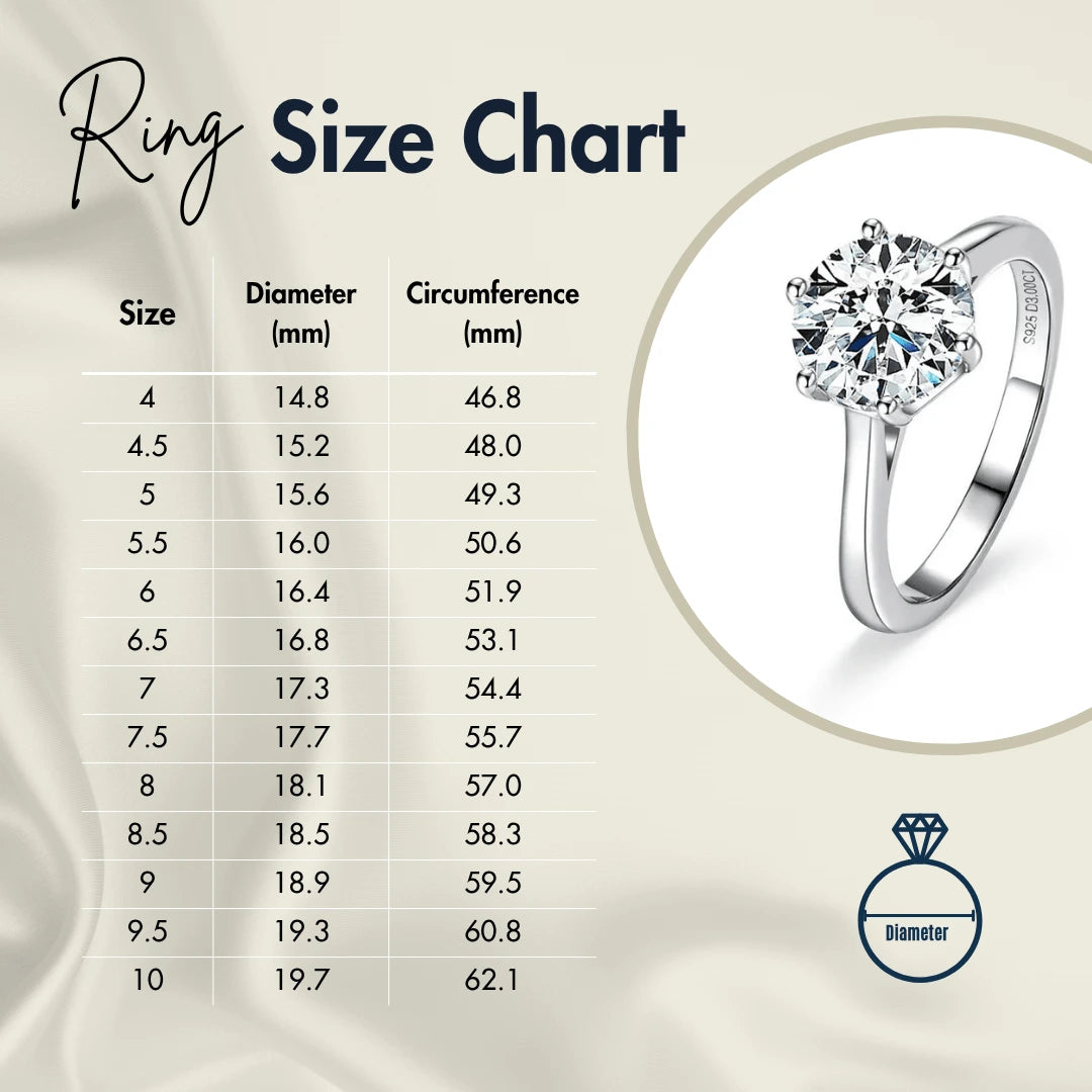 Ring size chart with US sizes 4 to 10, showing diameter and circumference in millimeters for accurate jewelry fit, featuring a classic moissanite eternity ring on a luxury background - Sensitive Stones