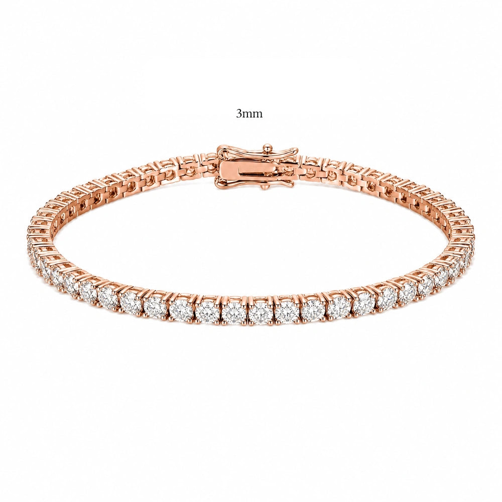 3mm classic moissanite tennis bracelet in 18K rose gold with box clasp, claw set round D Color VVS1 stones - Sensitive Stones
