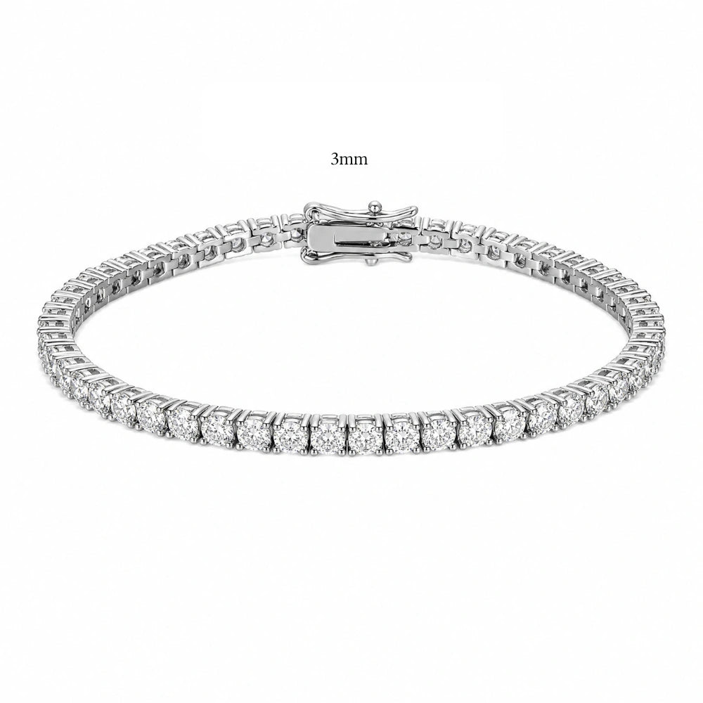 3mm classic moissanite tennis bracelet in 18K white gold with box clasp, claw set round D Color VVS1 stones - Sensitive Stones
