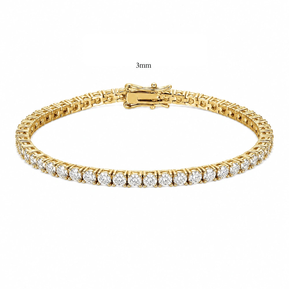3mm classic moissanite tennis bracelet in 18K yellow gold with box clasp, claw set round D Color VVS1 stones - Sensitive Stones
