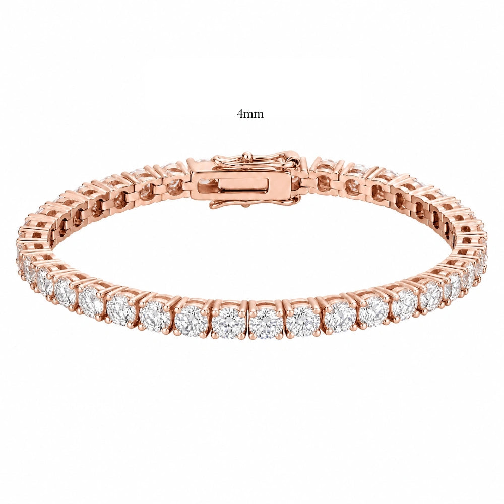 4mm classic moissanite tennis bracelet in 18K rose gold with box clasp, claw set round D Color VVS1 stones - Sensitive Stones