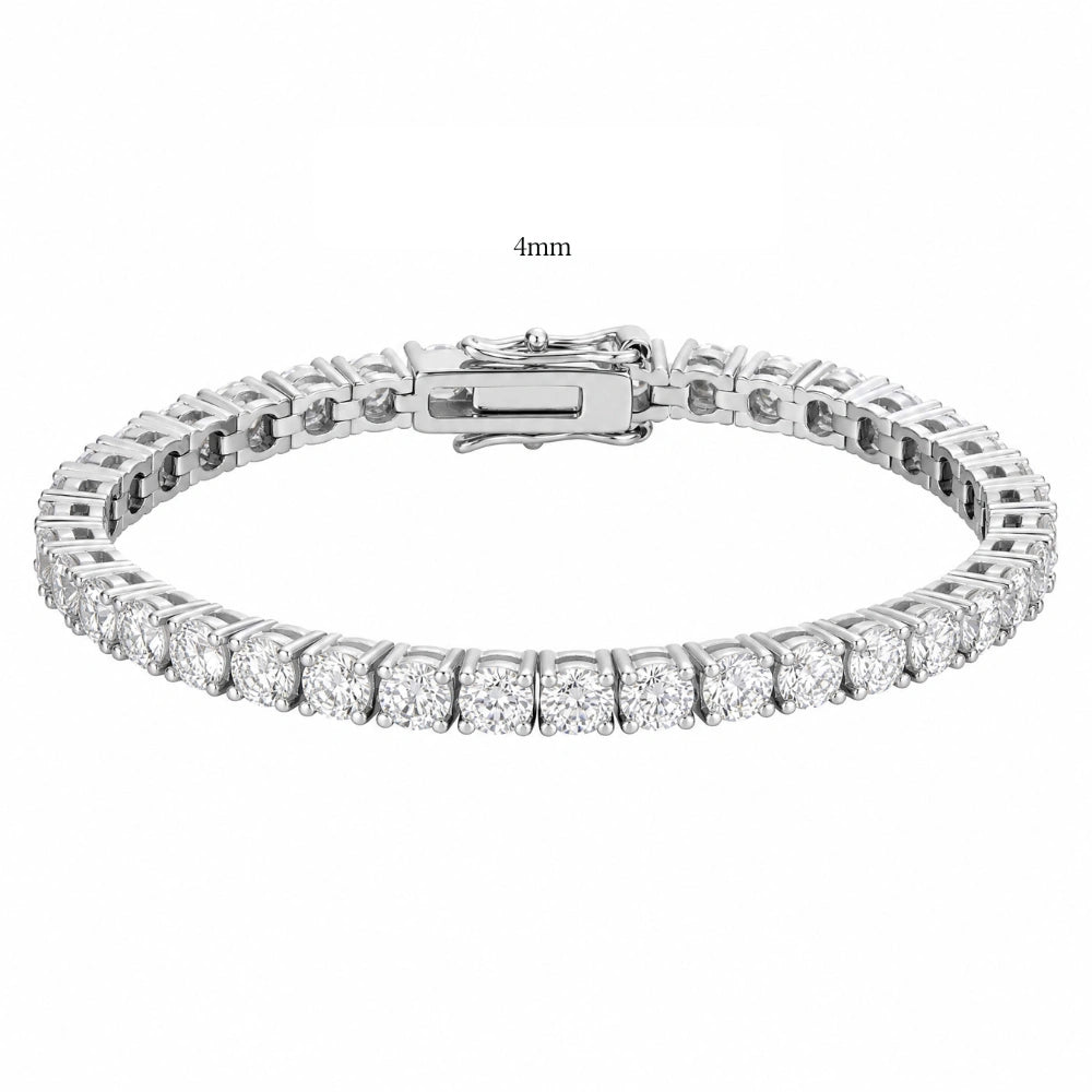4mm classic moissanite tennis bracelet in 18K white gold with box clasp, claw set round D Color VVS1 stones - Sensitive Stones