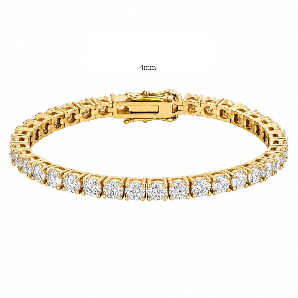 4mm classic moissanite tennis bracelet in 18K yellow gold with box clasp, claw set round D Color VVS1 stones - Sensitive Stones