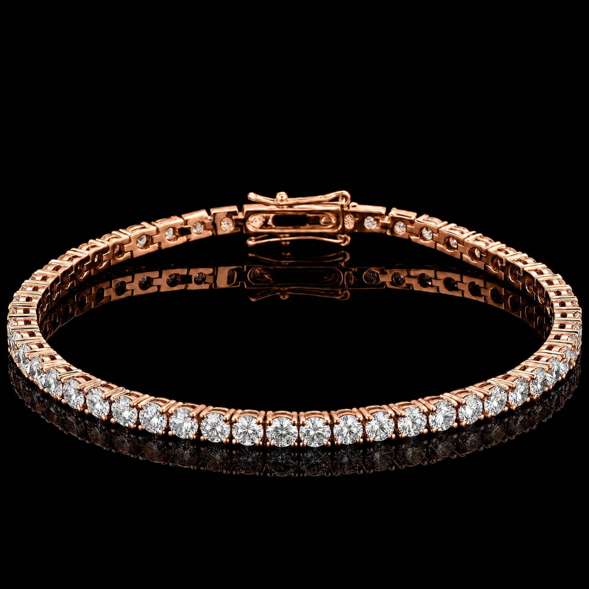 A 3mm classic moissanite tennis bracelet with clear round-cut stones set in 925 sterling silver with rose gold finish, featuring a central clasp, displayed on a reflective black surface against a black background - Sensitive Stones