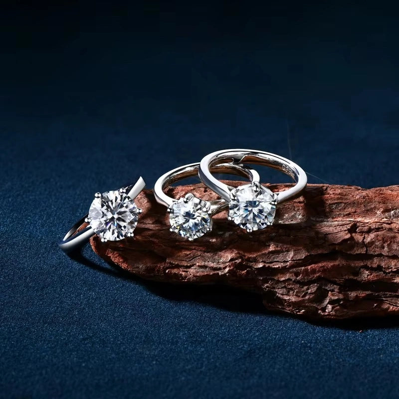 Collection of classic moissanite solitaire rings in various carat sizes - Sensitive Stones