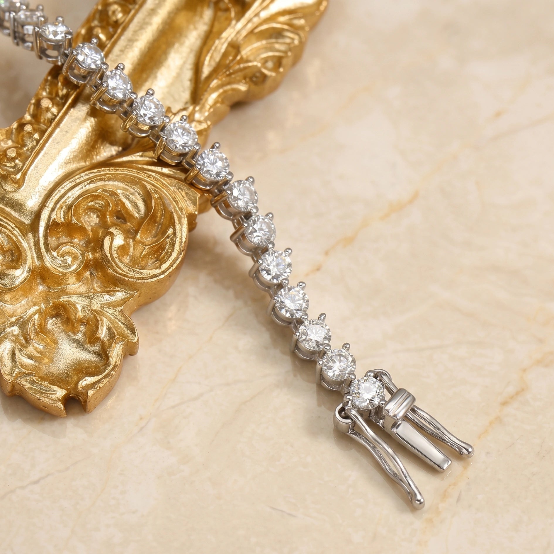 Detailed view of box clasp on moissanite tennis bracelet with 3mm stones in 3-prong setting - Sensitive Stones