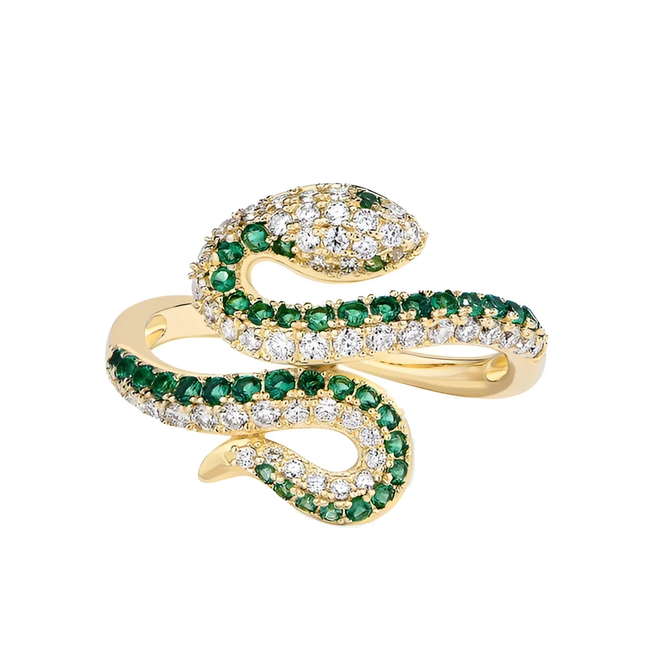 Gold plated coiled snake ring with moissanite and green gemstones in sterling silver | Sensitive Stones