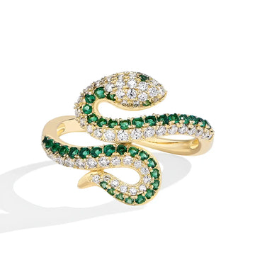 Moissanite coiled snake ring in 925 sterling silver and 18k gold finish with round brilliant moissanite and green nano stone - Sensitive Stones