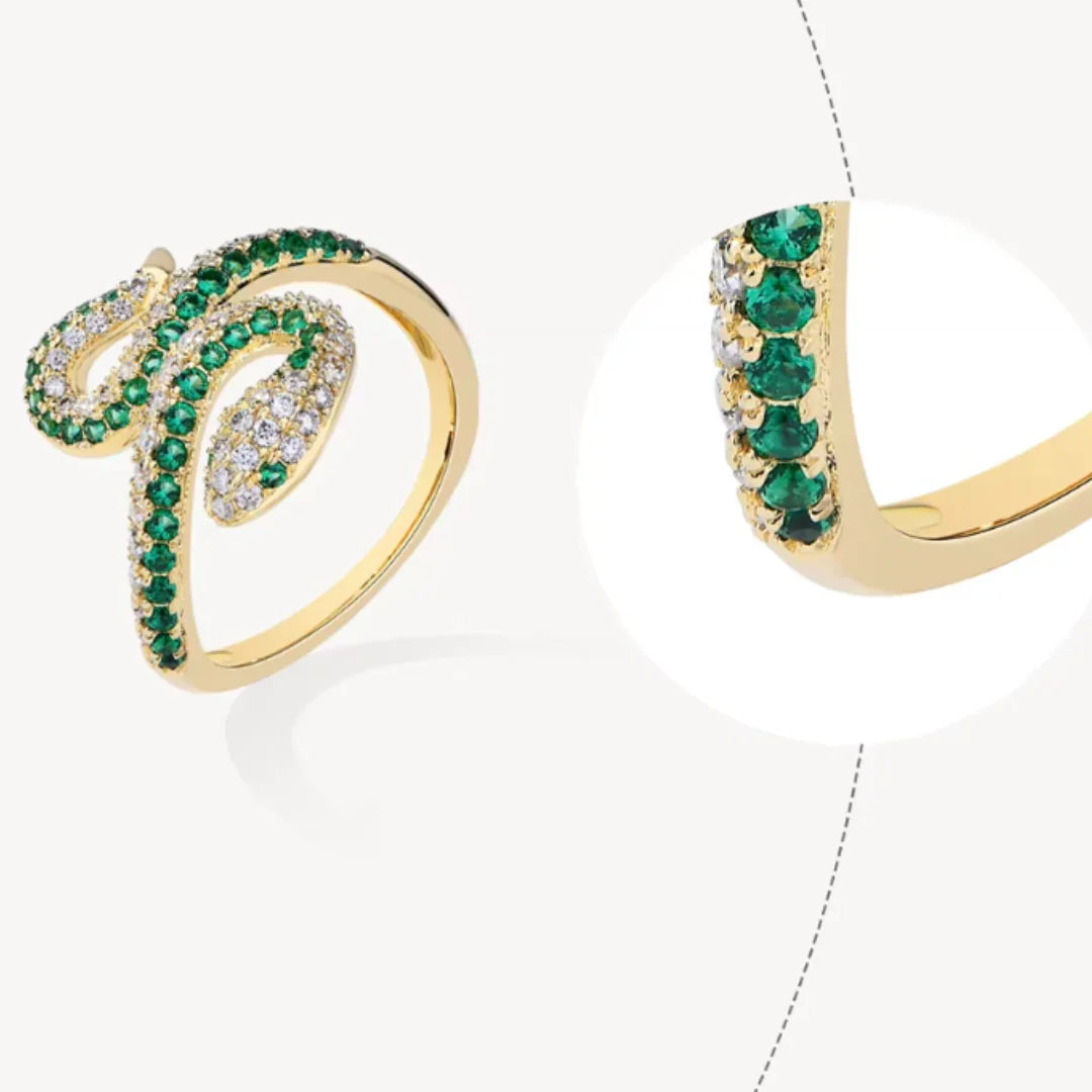 Gold coiled snake ring with green gemstones and moissanite pavé details | Sensitive Stones