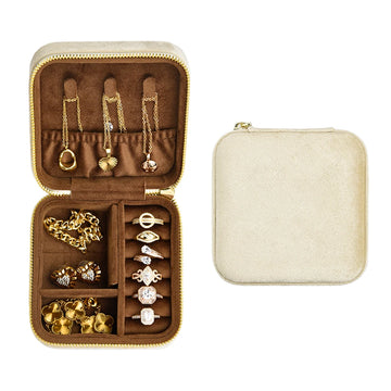  Cream velvet travel jewelry box open and closed showing necklace hooks with gold pendants and rings - Sensitive Stones