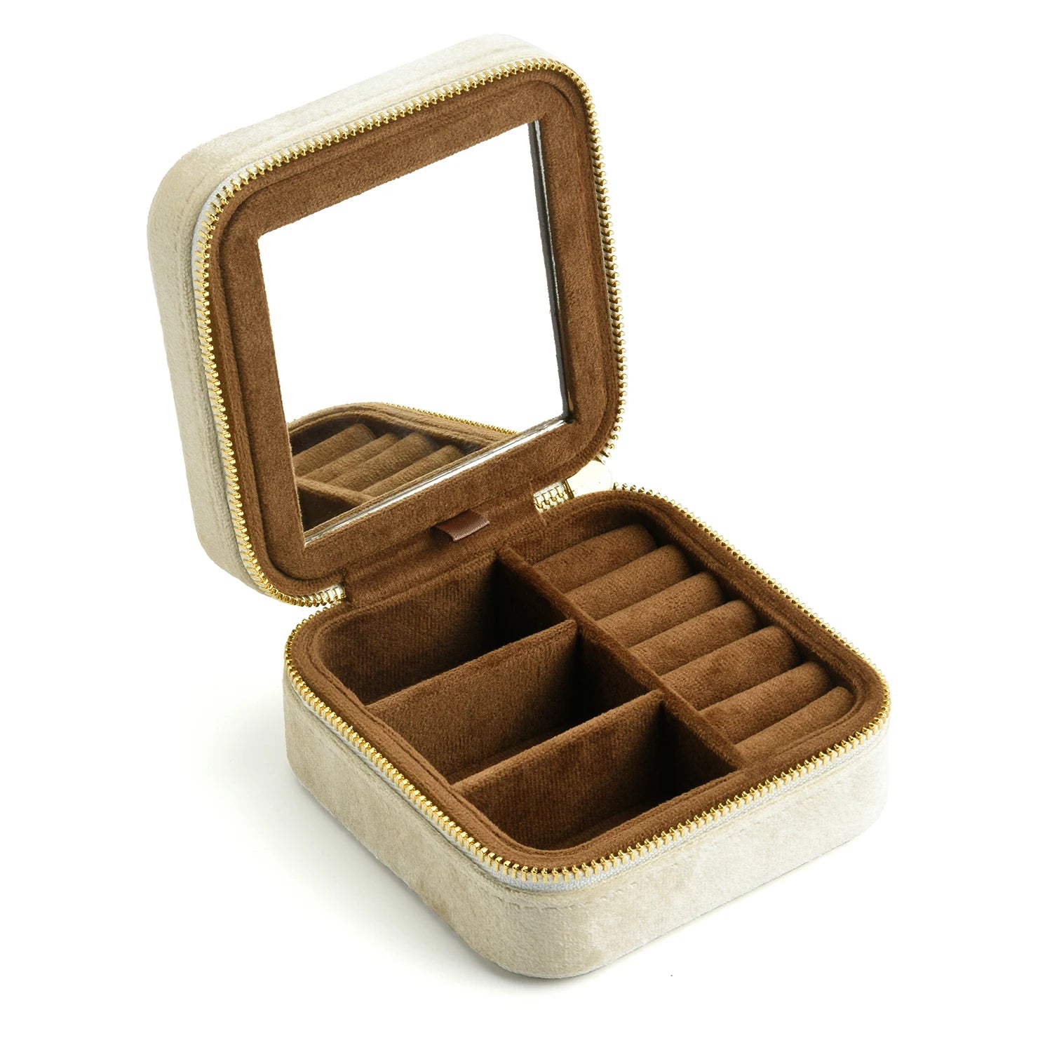 Cream velvet travel jewelry box open showing ring rolls and earring compartments with built-in mirror - Sensitive Stones