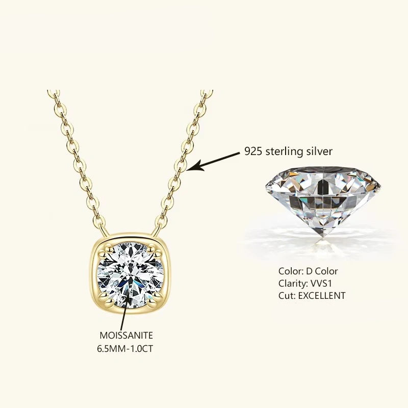 Cushion bezel moissanite necklace specs showing D color VVS1 excellent cut 1ct stone in 925 sterling silver yellow gold plating - Sensitive Stones