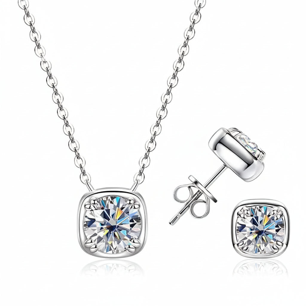 Cushion bezel moissanite necklace and stud earrings jewelry set in 18K white gold plating, D color VVS1 - Sensitive Stones